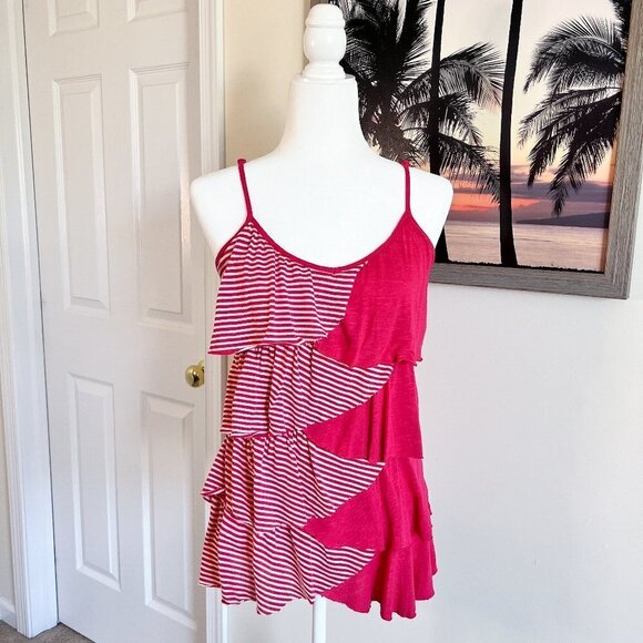 Women’s Kirra Tank | Spaghetti Strap | Pink & White Stripe | Ruffles | Medium - Picture 1 of 11